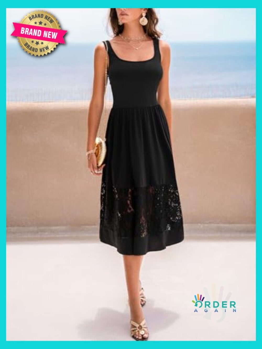 Square Neck Lace Midi Sundress Sleeveless A-Line Casual Party Cocktail Dress - Picture 7 of 7